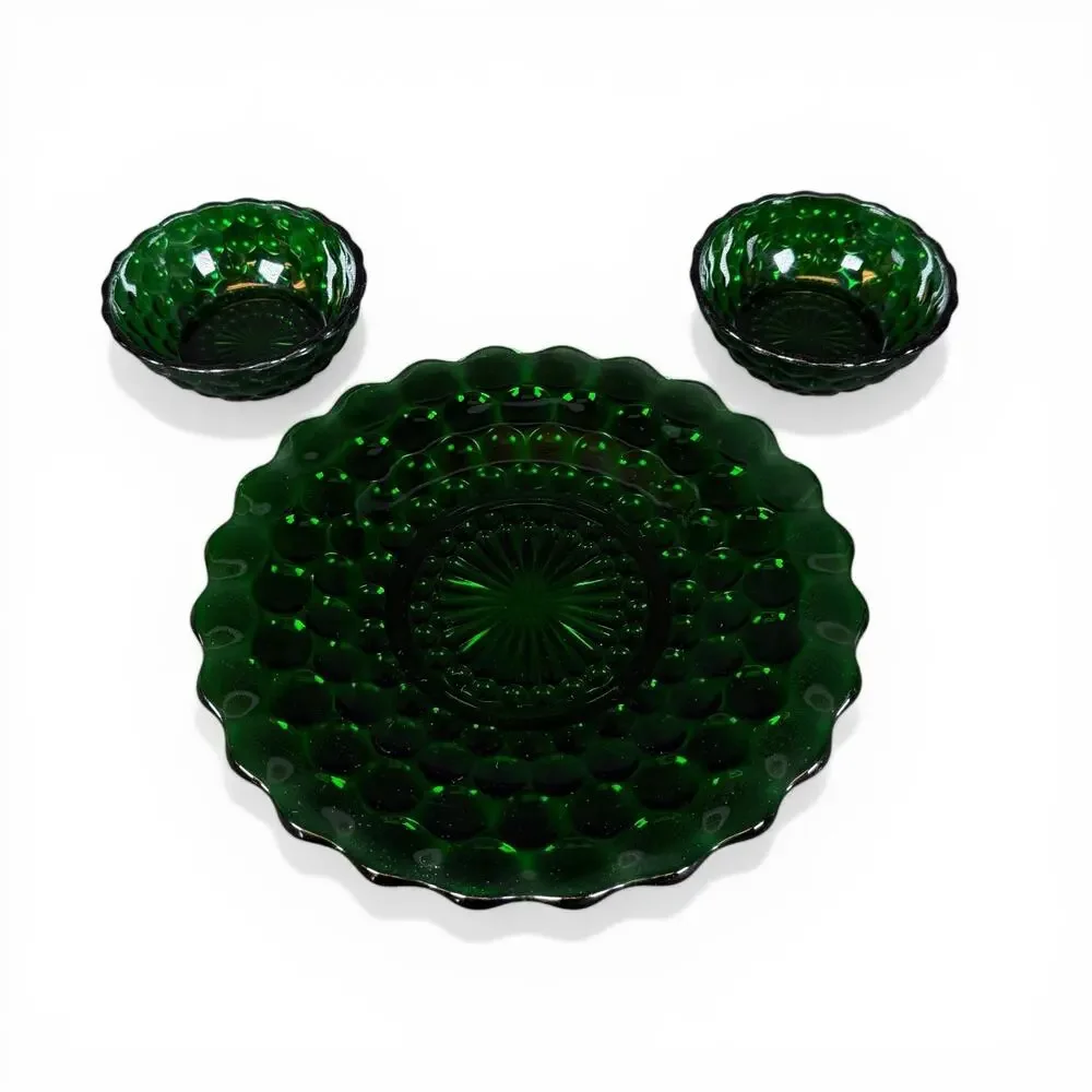 Lot of 3 Anchor Hocking Green Hobnail Glass - Plate & 2 Bowls
